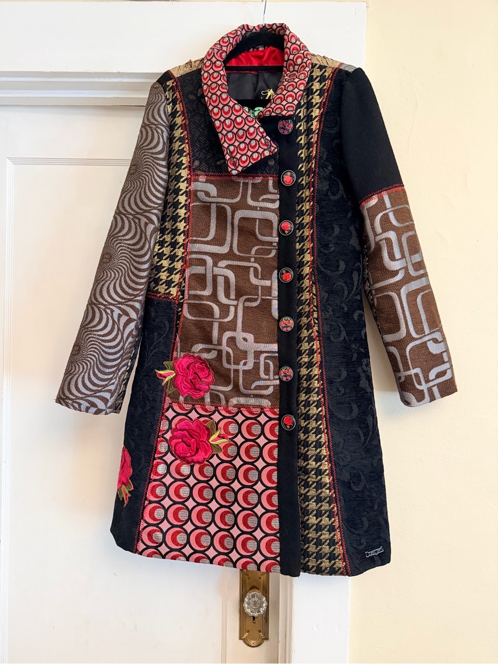 Desigual Patchwork Floral Long Sleeve Coat Dress - Black, Brown & Pink